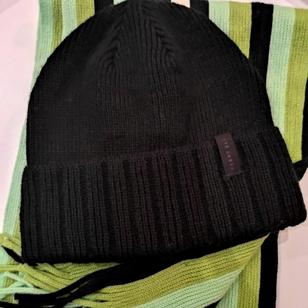 Perry Ellis Black Knit Winter Beanie & Stokkhomme Green, Black Striped Scarf New